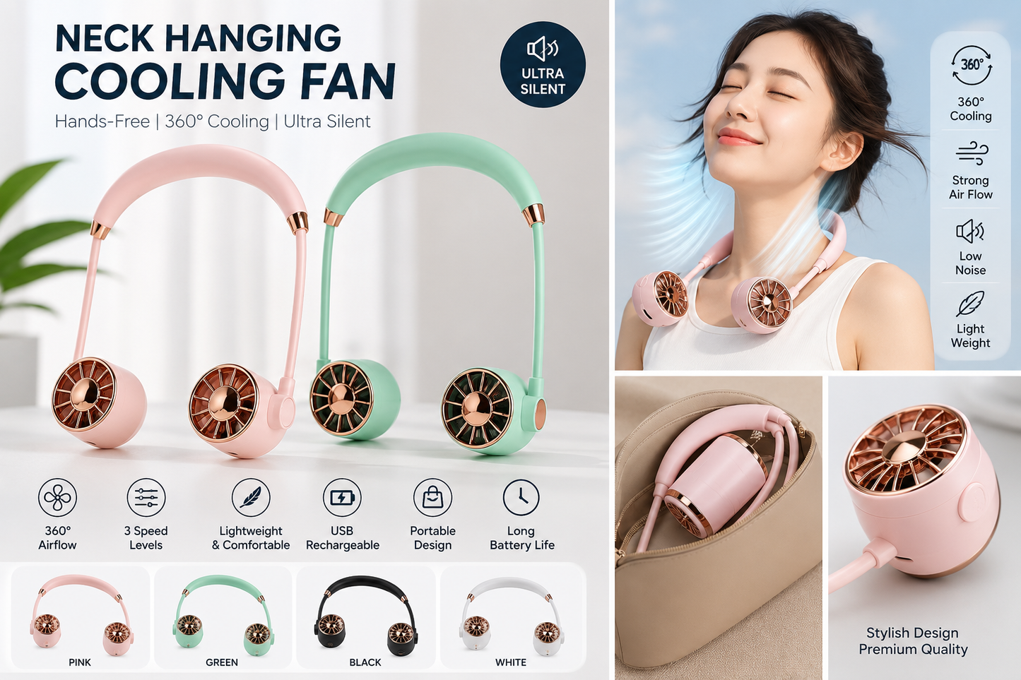 Portable Neck Hanging Mini Cooling Fan – Hands-Free Wearable Air Conditioner (360° Cooling Fan)